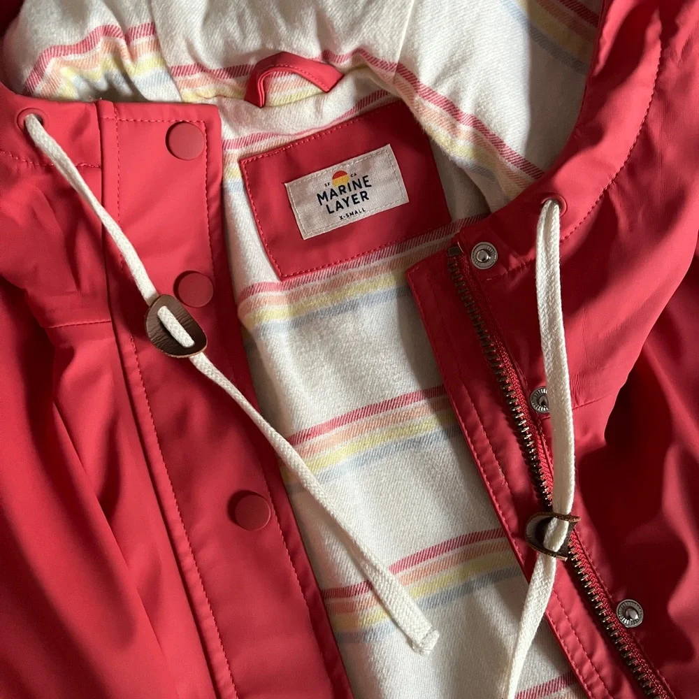 Marine Layer Red Hooded Lines Rain Jacket- Size XS - Picture 5 of 8
